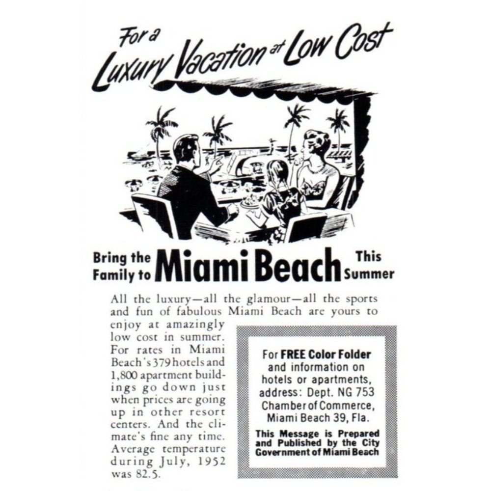 1953 Miami Beach Luxury Vacation Vintage Print Ad Dinner Restaurant Cartoon Art